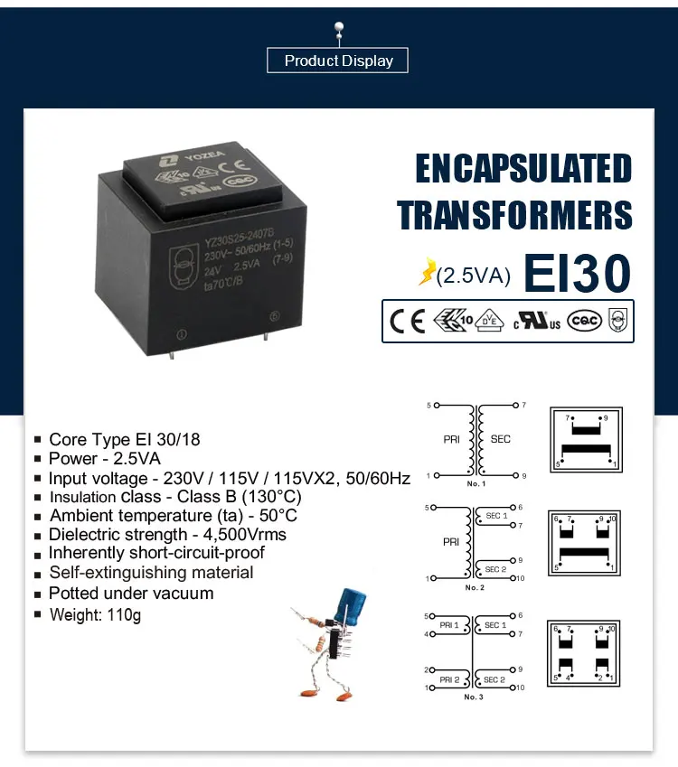EI30/18, 2.5VA  230v ac 24v 24vac small isolation ac  transformer