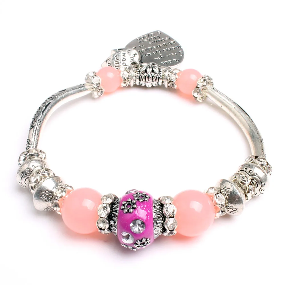 

Luxury Jewelry European Heart Charm Silver DIY Pink Beads Women Bracelet