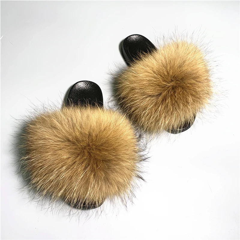 

Wholesale Custom Logo New PVC Flush Soft Real Raccoon Fur Slipper Outdoor Fluffy Sliders Sandals Women /Fox Fur Slides for Women