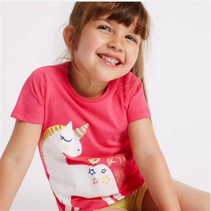 

Summer casual printed horse round collar baby girls pink short sleeve t-shirt, As picture