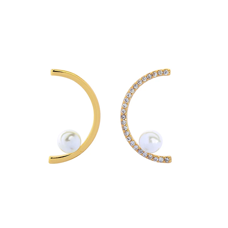 

me00204 2019 Hot Sale Wholesale Free Shipping 925 Silver Post Korean Asymmetrical Gold Semi-circle Diamond Pearl Stud Earrings