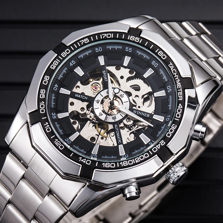 
WINNER 246 sale Fashion Winner Stainless Steel Skeleton Mechanical Watch For Man automatic self winder Wrist Watch 