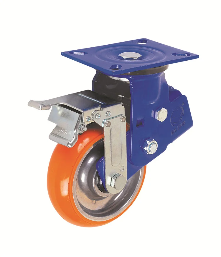 6 Inch Plate Heavy Duty AGV Caster Wheel With Brakes Industrial Shock Absorbing PU Caster