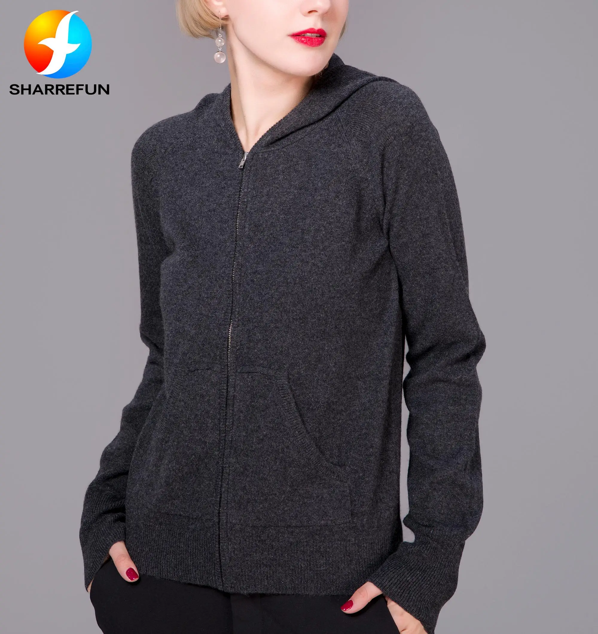 100 Pure Cashmere Womens Grey Hoodie Zipper Cardigan Sweater Buy