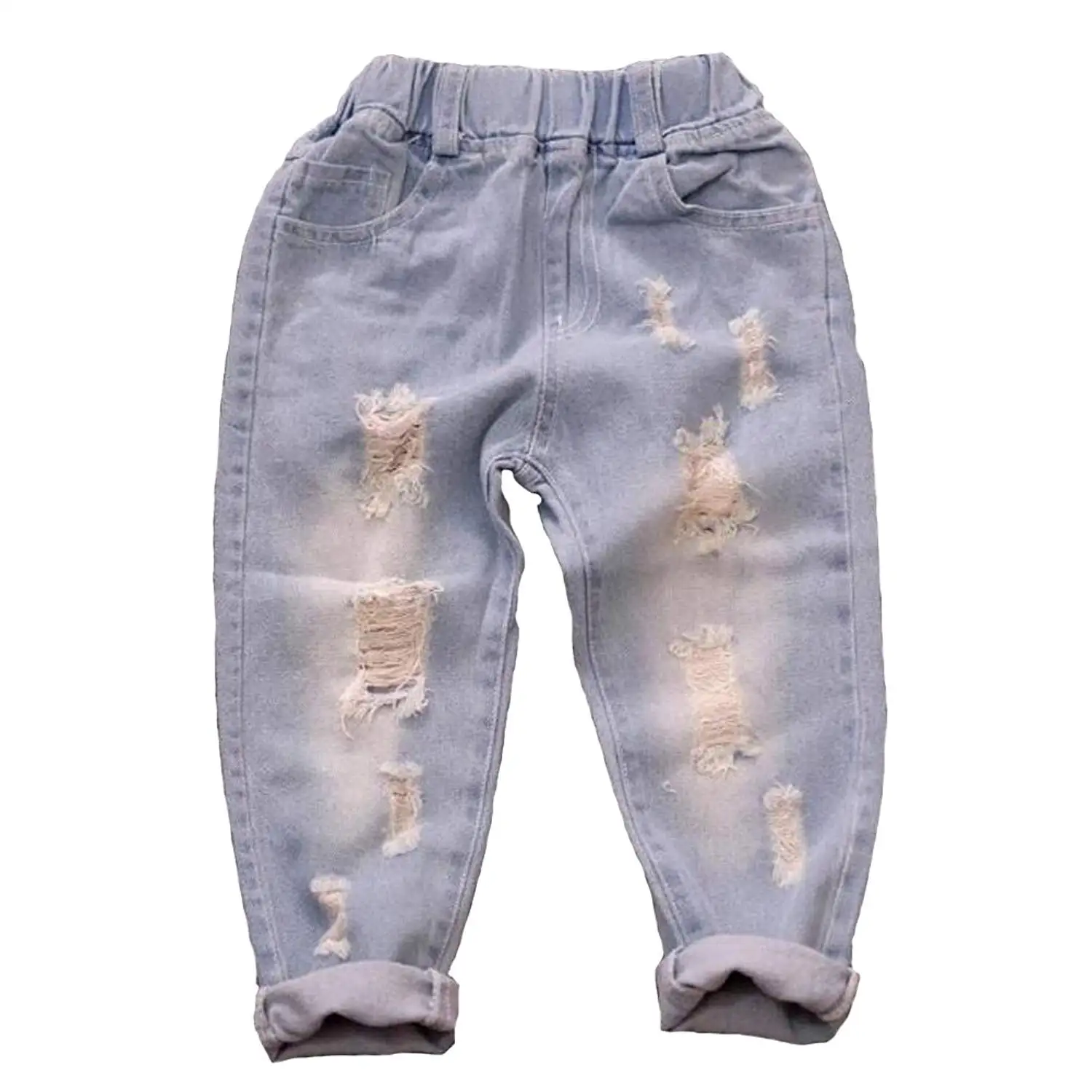 Dragon Honor Little Boys Girls Elastic Waist Broken Hole Jeans Denim Pants Trousers