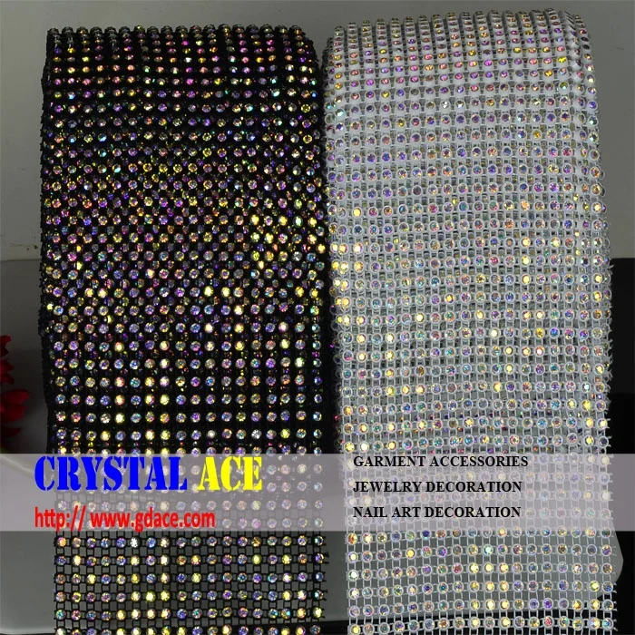 

18 rows crystal AB 4mm black white plastic base elastic crystal rhinestone trimming rolls for dress, Clear base+crystal ab rhinestone