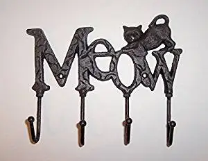 "ABC Products" - Pet Cat Hook Hanger - Heavy Cast Iron - With 3 Heavy Wire Hooks - With A Sign That Says "MEOW" - Wall Mount - (Rustic Dark Bronze Finish - Accented With A Cat On Top)