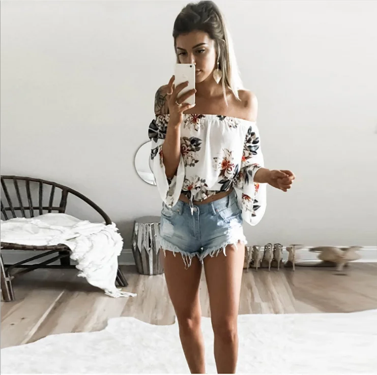

Women's Fashion Off Shoulder Tops Sexy Floral Print Crop Tops, As show