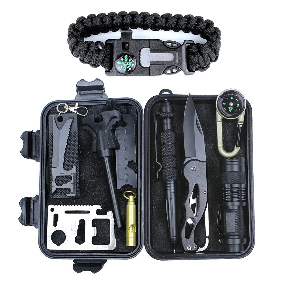 

2018 High Quality Survival Gear Kit 11 in 1 Outdoor Emergency Survival Tools Set, Black;green;11 in 1 survival gear kit
