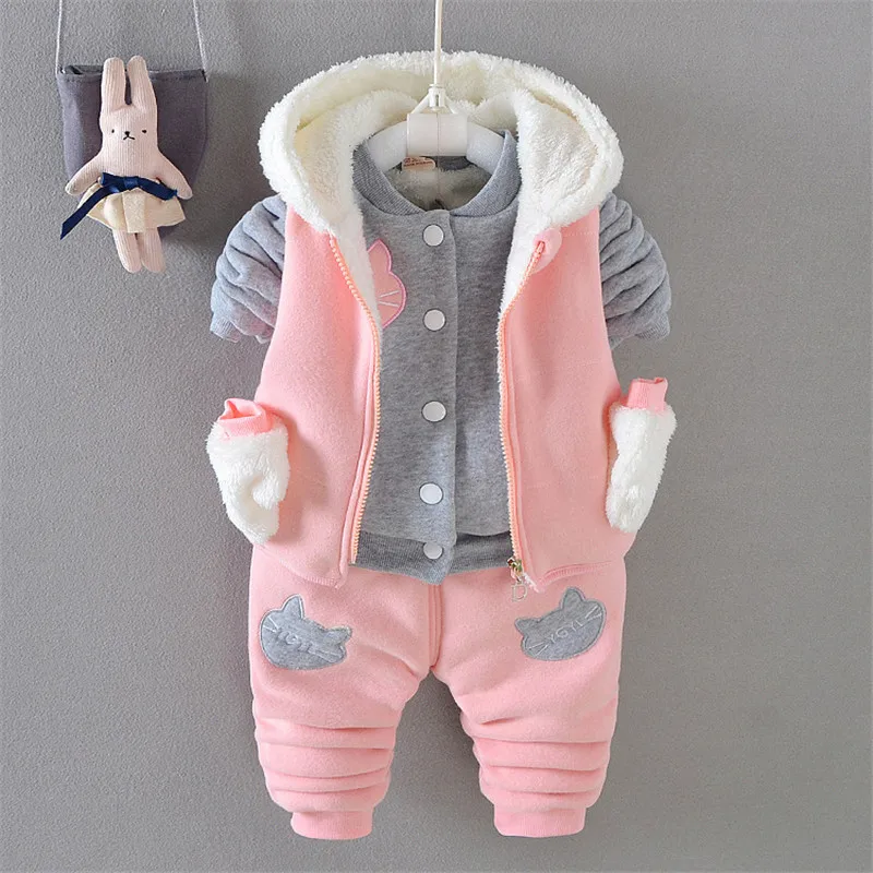 

3pcs Baby Girls Clothing Set winter kids girl clothes suits Fleece Velvet Children Girls thick warm Clothes, Picture