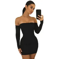 

YSMARKET Sexy Strapless Bandage Dress Backless Long Sleeve Off Shoulder Lace Up Bodycon Night Club Party Dresses Mini EXD951