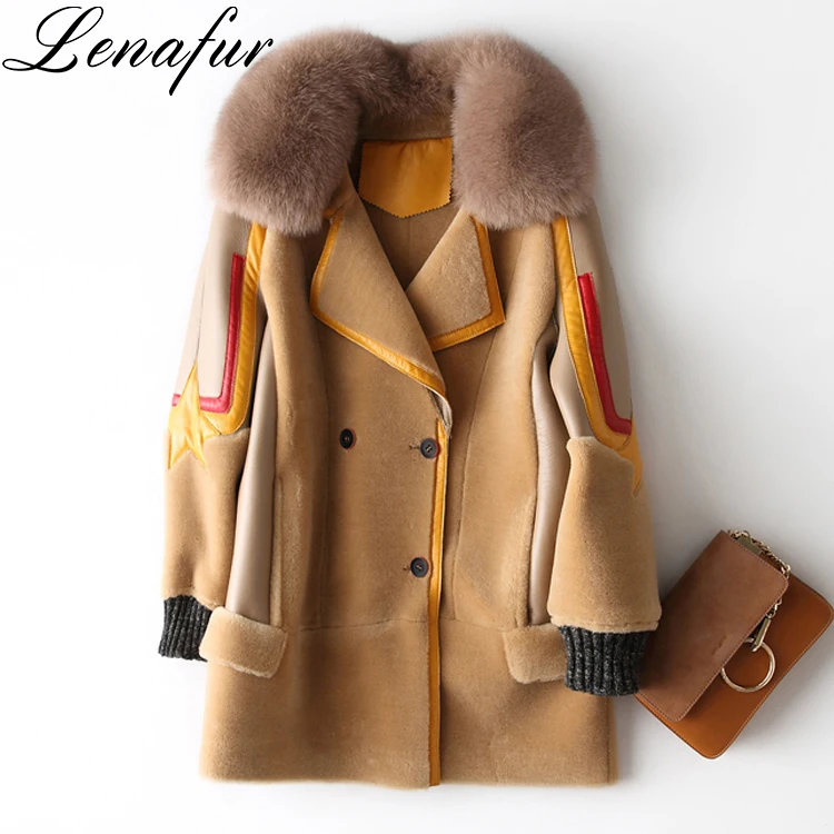 Winter 4 Sizes Beige Khaki Warm Real Fox Fur Collar Sheep Leather ...