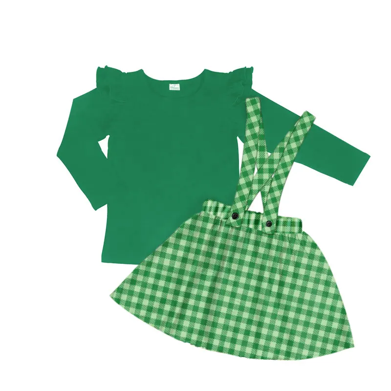

High Quality Boutique Long Sleeved Shirt Green Plaid Strap Dress Girl Clothes Hot Sale Baby Outfit, Picture