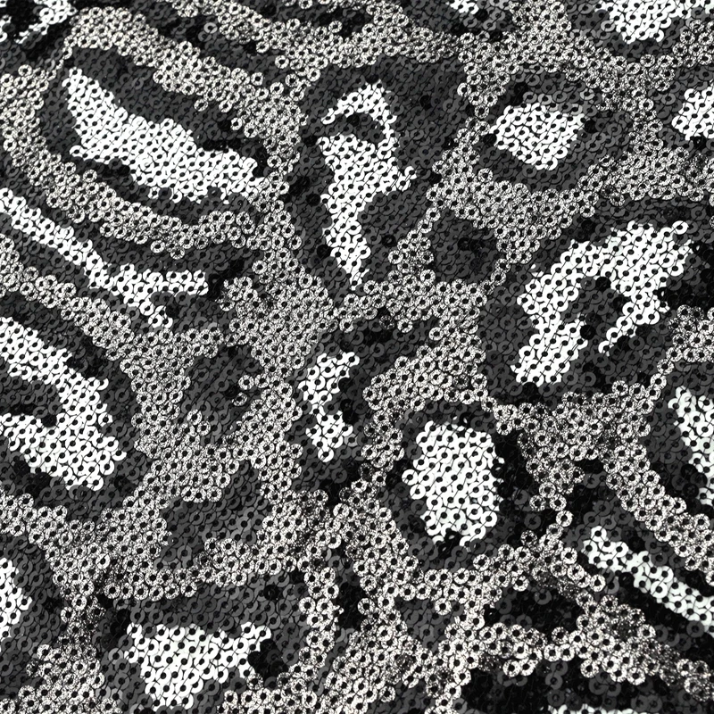 

High Quality two way stretch sequin leopard black grey white lace fabric for Dress