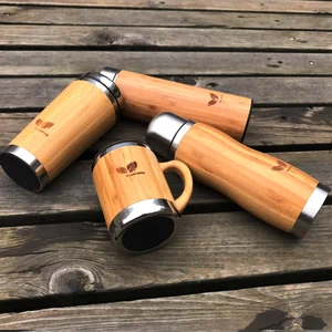 Image of Skinny double walled bamboo fiber reusable disposable tea vacuum flask thermos coffee cups stainless steel water bottle tumbler