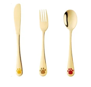 Image of 3pcs Cartoon Pattern Carving Kids Cutlery,Silver/Gold Children Flatware 304 Stainless Steel Kids Silverware Sets Kitchen Set