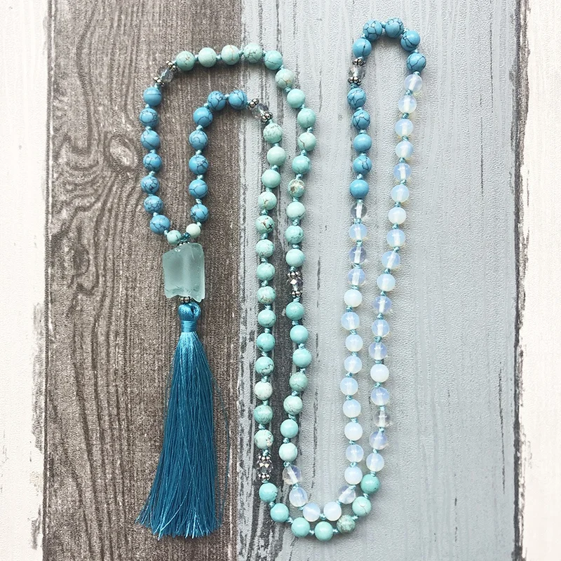 

ST0588 Unique Raw Quartz Tassel Necklace Turquoise Mala Healing Stones 108 Knotted Long Tassel Necklace Bohemian Jewelry, As picture