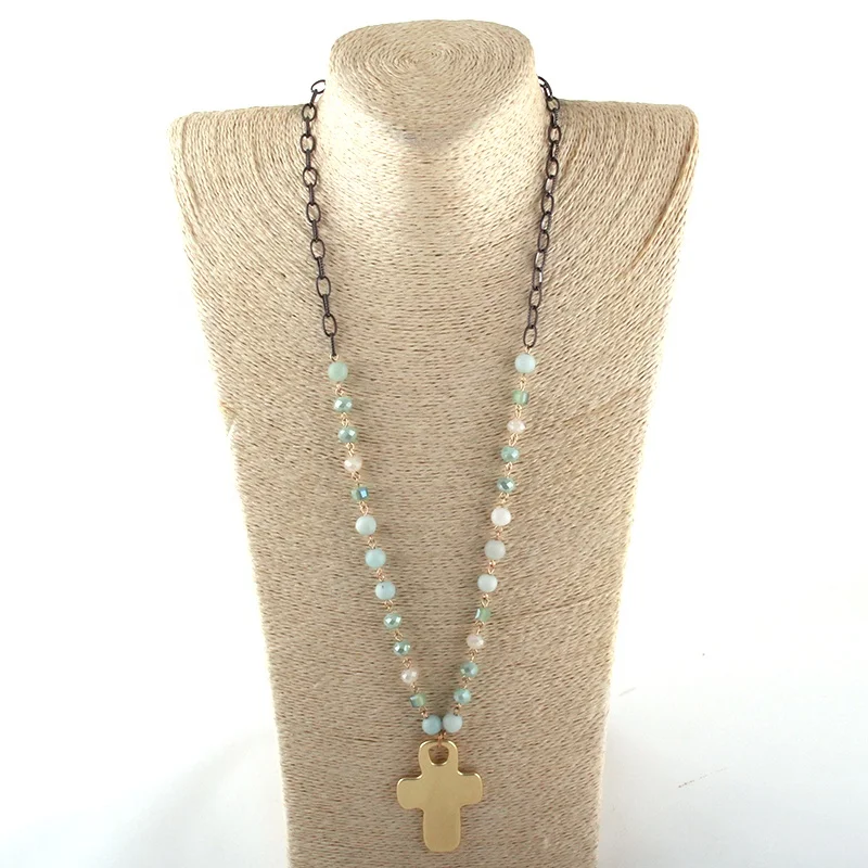 

8mm Howlite Amazonite Stone Rosary chain Necklace With Square Crystal glass & Gunmetal Chain Metal Cross Pendant Necklace