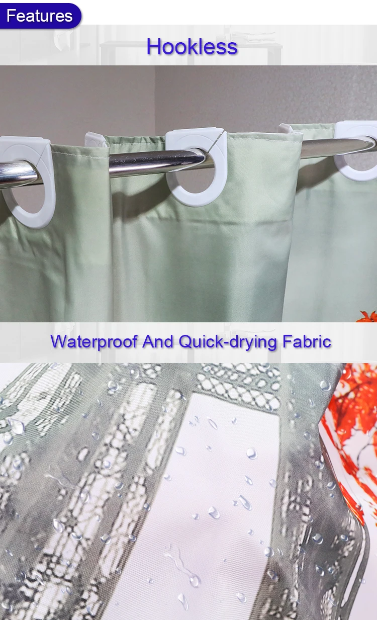 High Quality Red Flower Printed Polyester Hookless Shower Curtain Buy