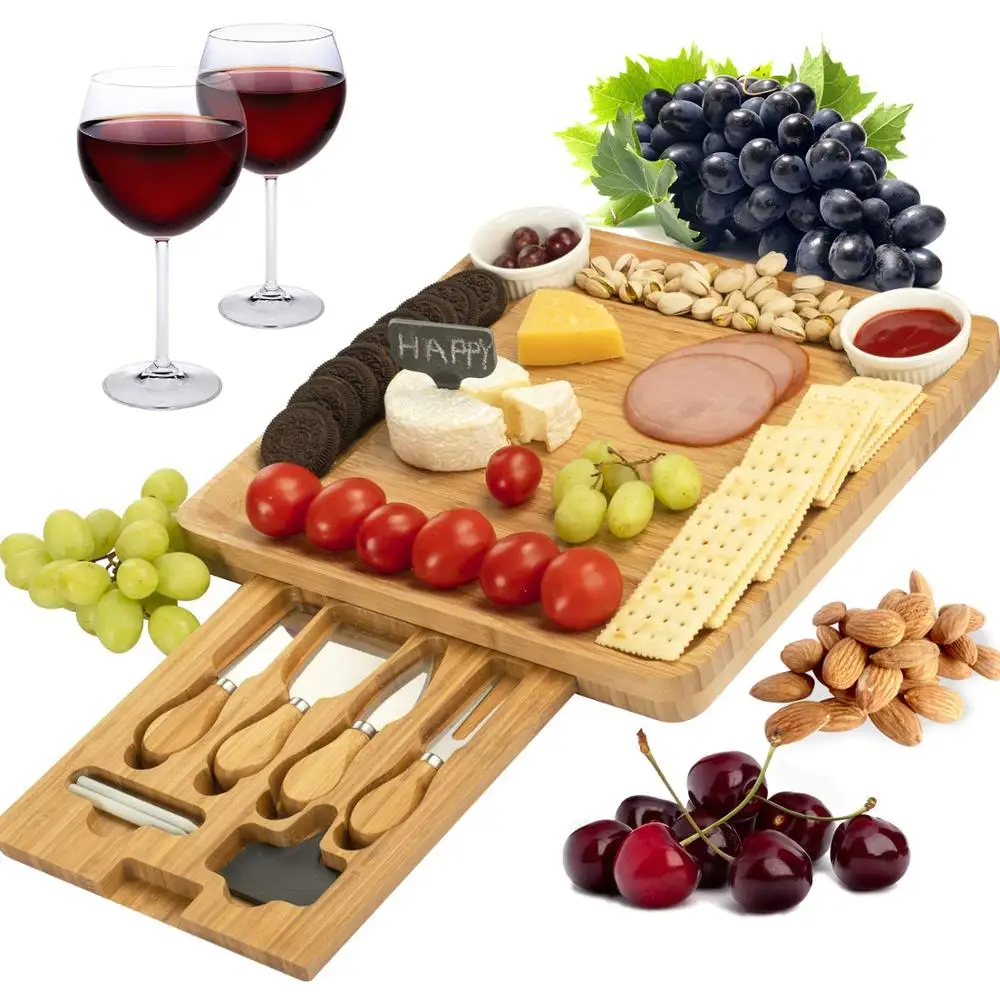 

Cheese Board and Knife Set Bamboo Charcuterie Platter & Serving Tray for Cheese,Wine, Crackers, Brie and Meat, Natural bamboo color