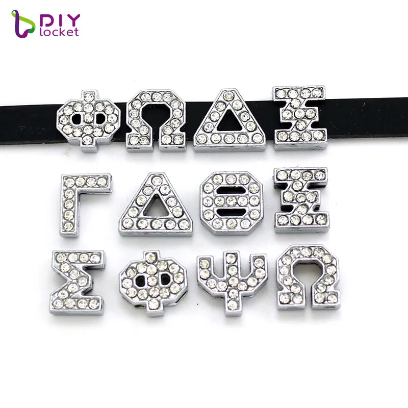 

Wholesale Silver Rhinestone Greek alphabet Slide Charms For 8mm Bracelet And Belts, Customized Personalized Slide Charms, Picture