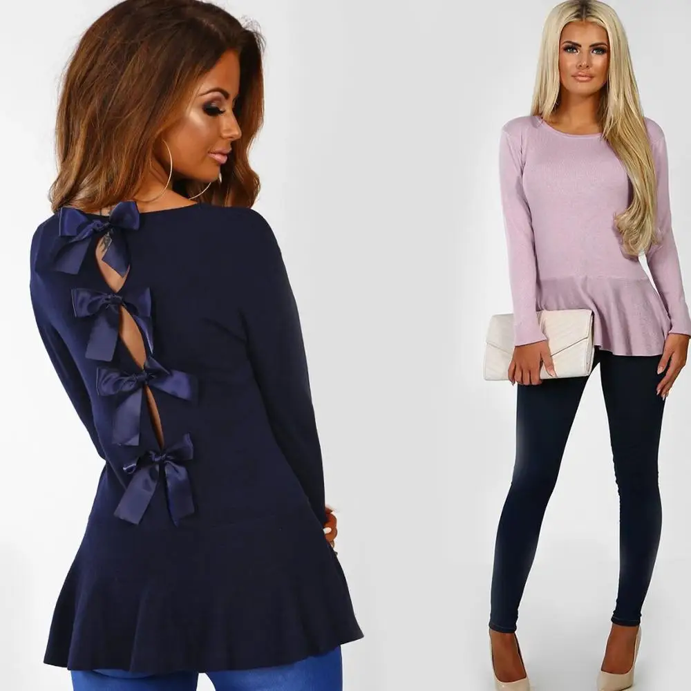 

Fall/Winter 2018 Sexy Fashion Backless Bow Long sleeve Blouse Knitwear With Bow Lace-Up, Pink;navy blue