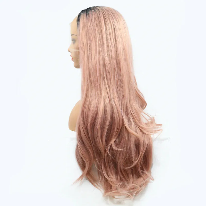 Pink Wig Natural Wave Long Hair Synthetic Lace Front Wigs For