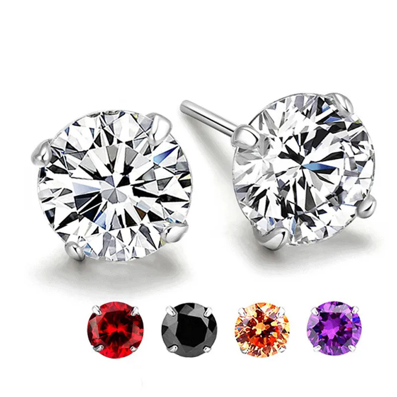 

Womens Round CZ Stones Crystal Jewelry 925 Silver Stud Earrings, 5 colors