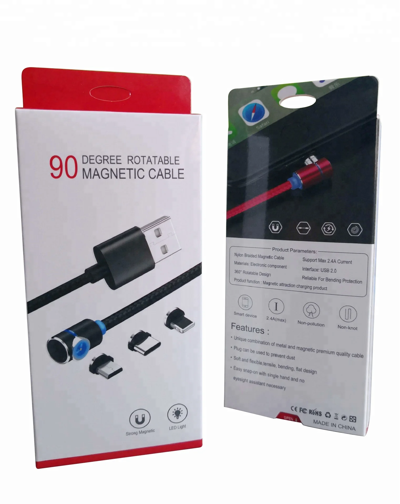 Hot Selling 90 Degree Elbow Magnetic Micro USB Charger Cable 3 In 1 LED Light Fast Charging USB Cable