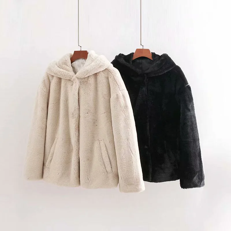 

Solid color women winter thick faux fur coat windproof casual loose hoodies fake fur jacket, N/a