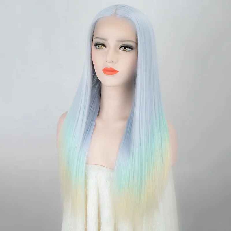 

Aliblisswig New 150% Density Lace Wig Pastel Blue Ombre Blonde Natural Straight Wavy Synthetic Lace Front Wig
