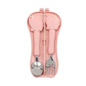 FDA grade silicone stainless steel spoon and fork set Toddler animal shape ladle BPA Free flexible spoon with fork for baby