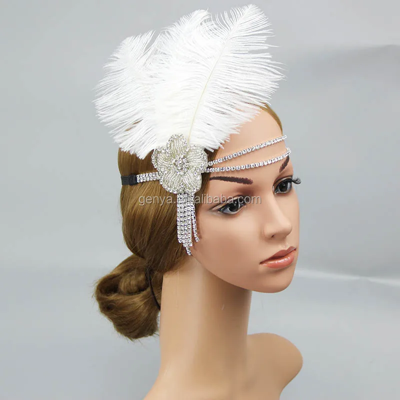1920s Vintage Feather Headband - Rhinestone & Ostrich Feather Hairpiece For Women, Gatsby Party (Navy Blue)