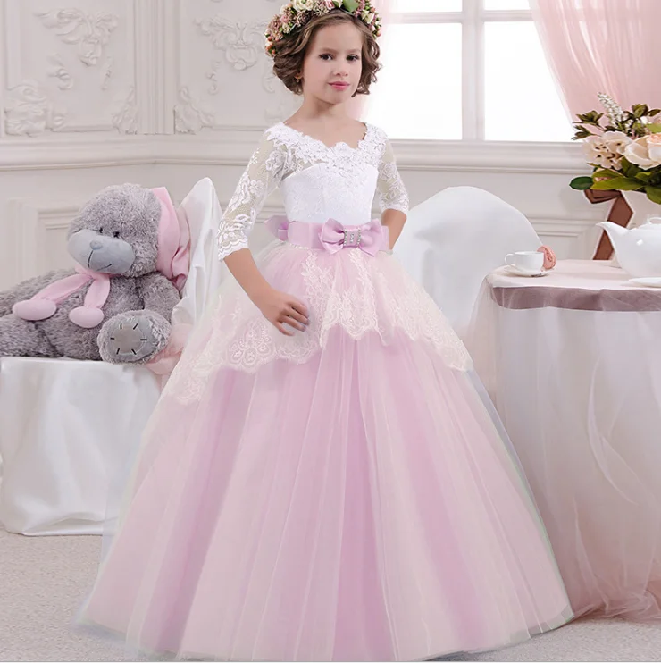

Beautiful Girls Summer Frock New Design Pink Color Child Baby Girl Maxi Party Dress LP-203, As picture