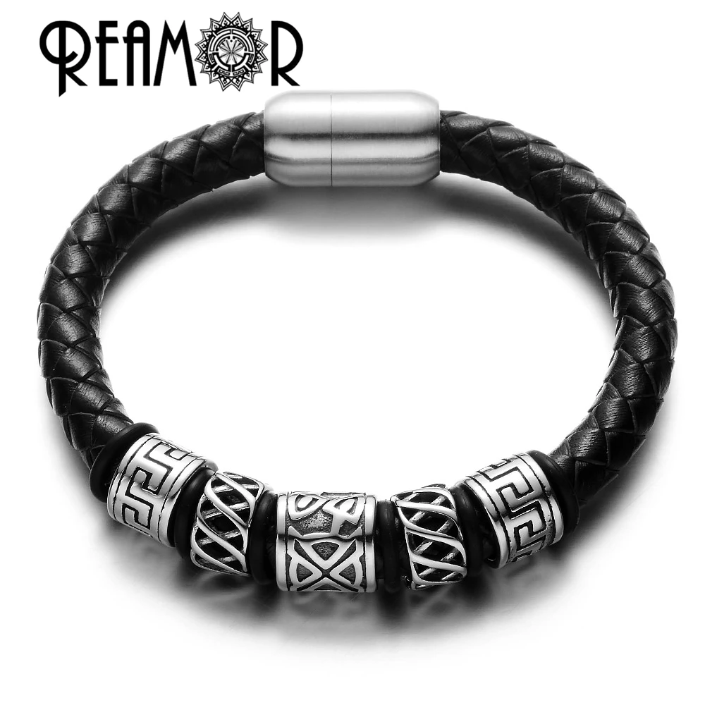 

REAMOR Men Free Shipping 316l Stainless Steel Viking Bead Genuine Leather Bracelet With Strong Magnet Clasp