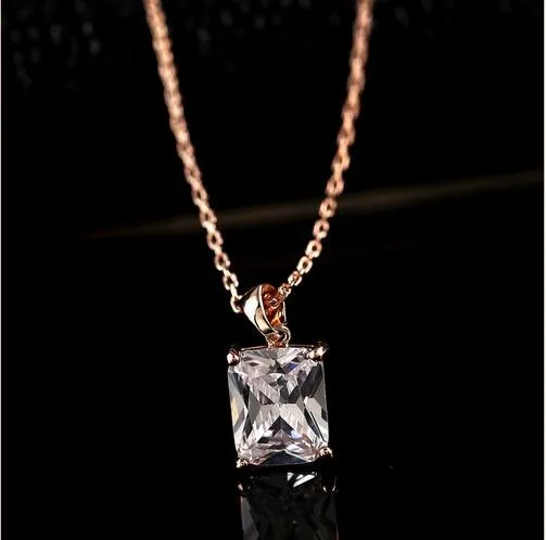 

Fashion Women Rose Gold CZ Zircon Crystal Square Pendant Bridal Necklace