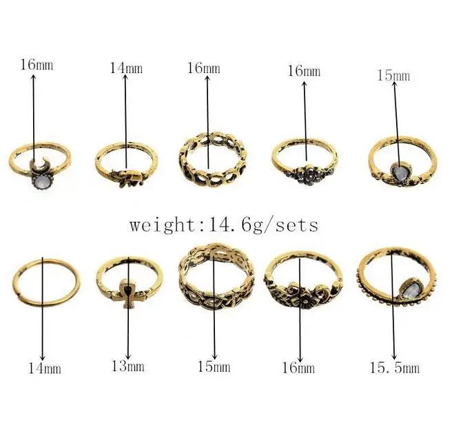 10pcs/Set Gold Color Flower Midi Ring Sets for Women Silver Color Boho Beach Vintage Turkish Punk Elephant Knuckle Ring