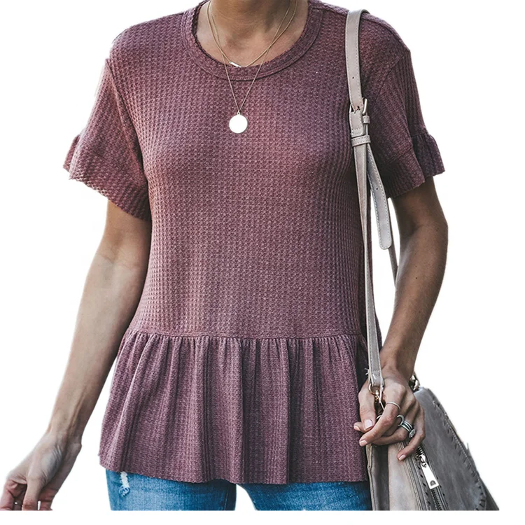 

2019 New Arrives Women Clothing Tops Frill Short Sleeve Shirt Knitting O Neck Tops, Shown