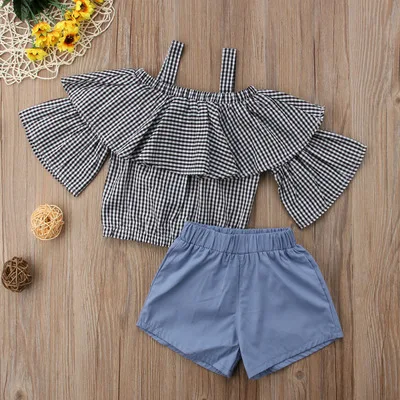 

F10785A new girls plaid trumpet sleeves TOP + denim shorts suit, As picture