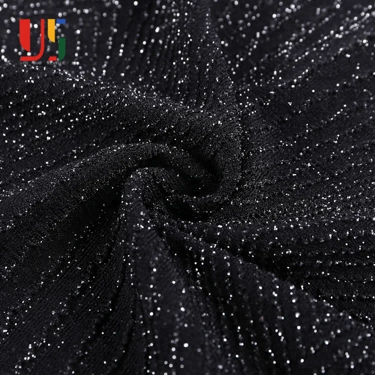 
Black plain dyed jersey jacquard knitting shiny metallic lurex fabric for women dress 