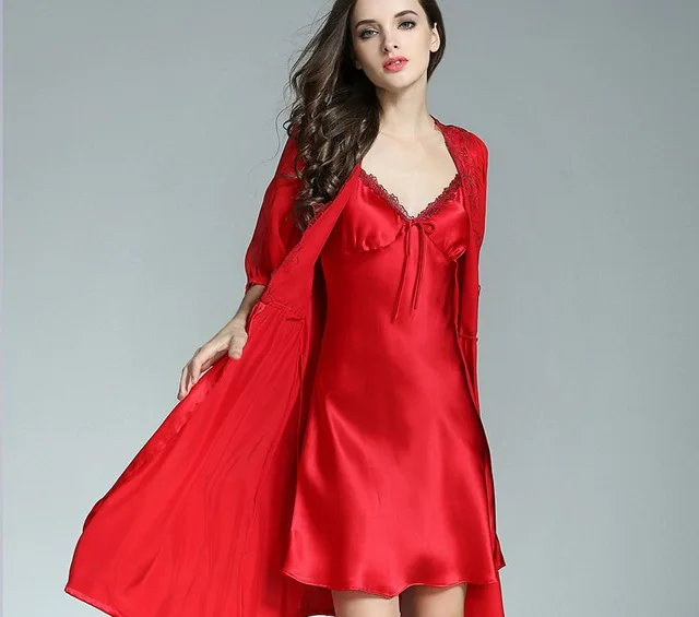 Women Silk Nightgoen Set 100% Charmeuse Satin Silk Nightgowns And Robe ...