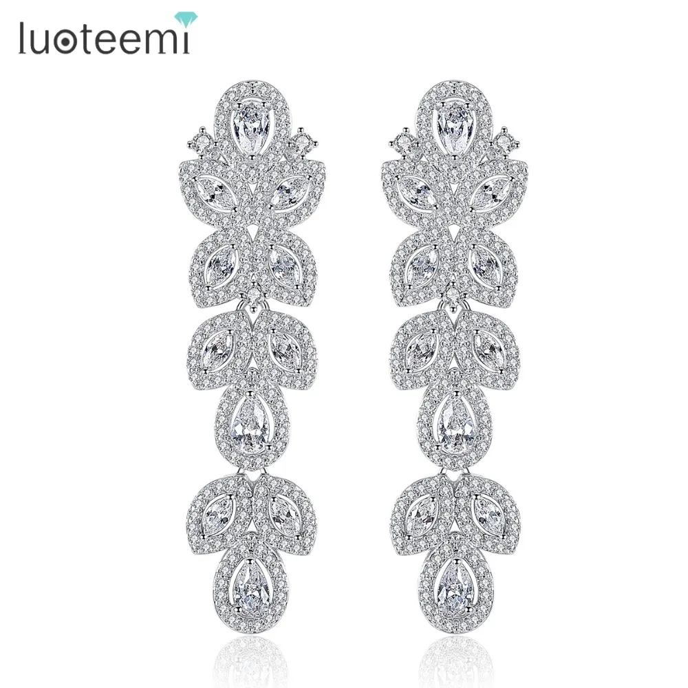 

LUOTEEMI Women Fashion Luxury Wedding White Gold-color Clear Zircon CZ Drop Bridal Long Dangle Earrings, N/a