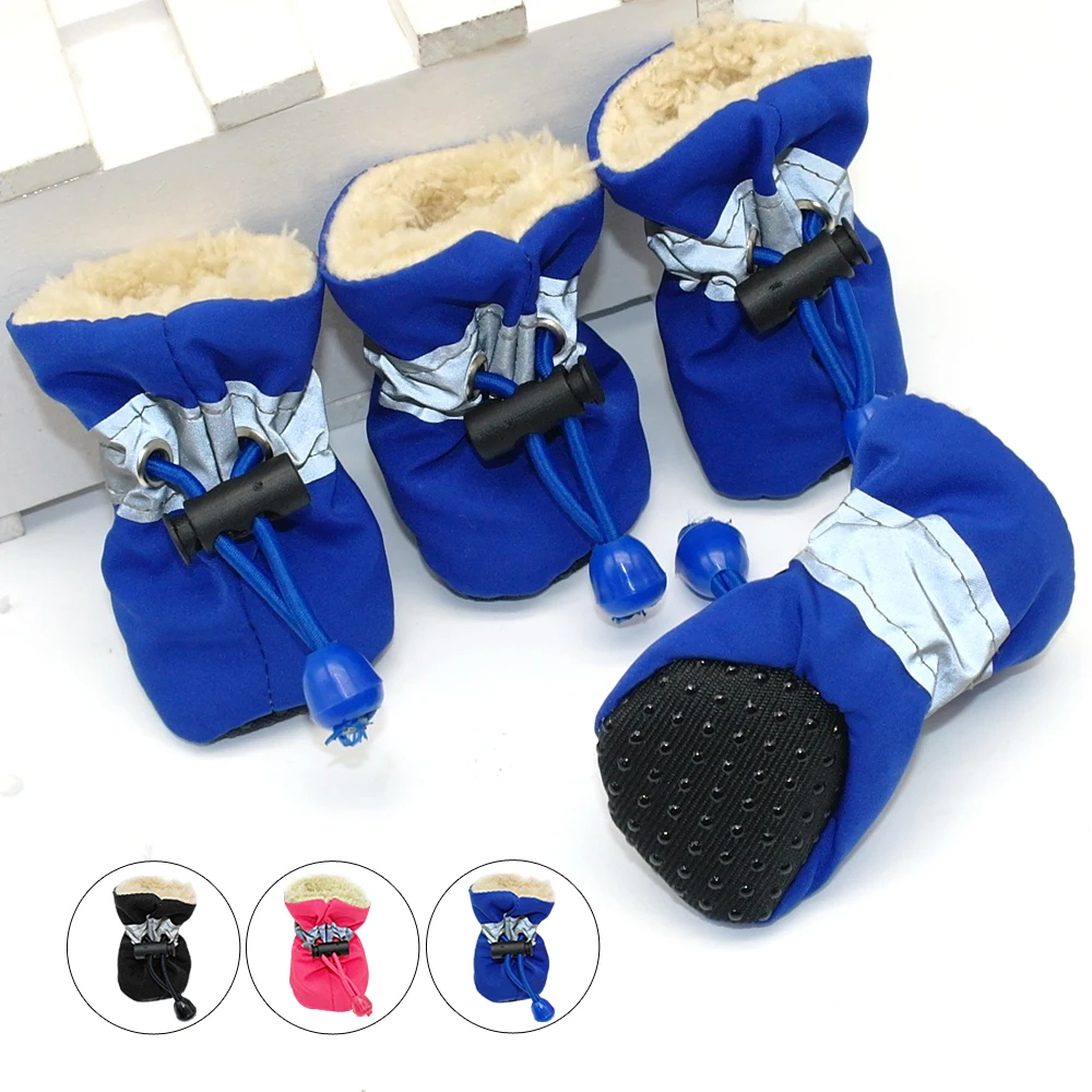 4pcs Winter Anti slip Rain Snow Boots Footwear Thick Waterproof Soft Warm Velvet Pet Dog Shoes