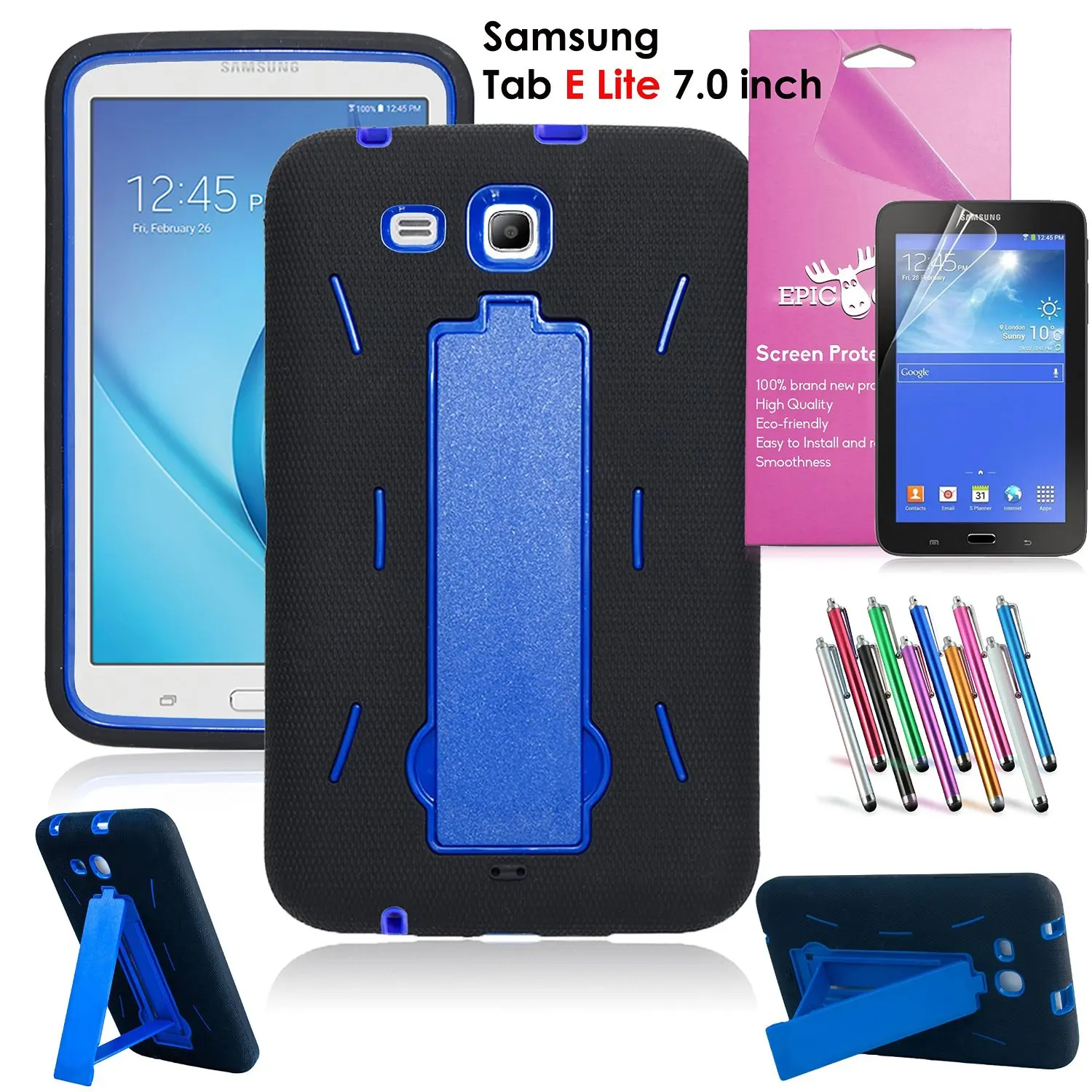 Samsung Galaxy Tab E Lite 7.0 Case, EpicGadget(TM) Heavy Duty Rugged Impact Hybrid Case with Build In Kickstand Protection Cover For Galaxy Tab E 7 T113 + Screen Protector + Pen(US Seller)(Black/Blue)