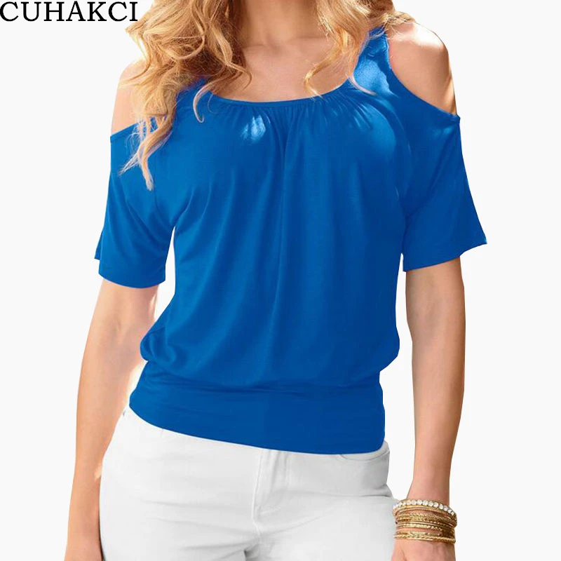CUHAKCI Fashion Solid Tops Slim Casual Tshirt 2017 Cotton New Summer T shirts Women Strap O-Neck Off the Shoulder T Shirt