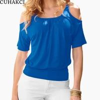 

CUHAKCI Fashion Solid Tops Slim Casual Tshirt 2017 Cotton New Summer T shirts Women Strap O-Neck Off the Shoulder T Shirt