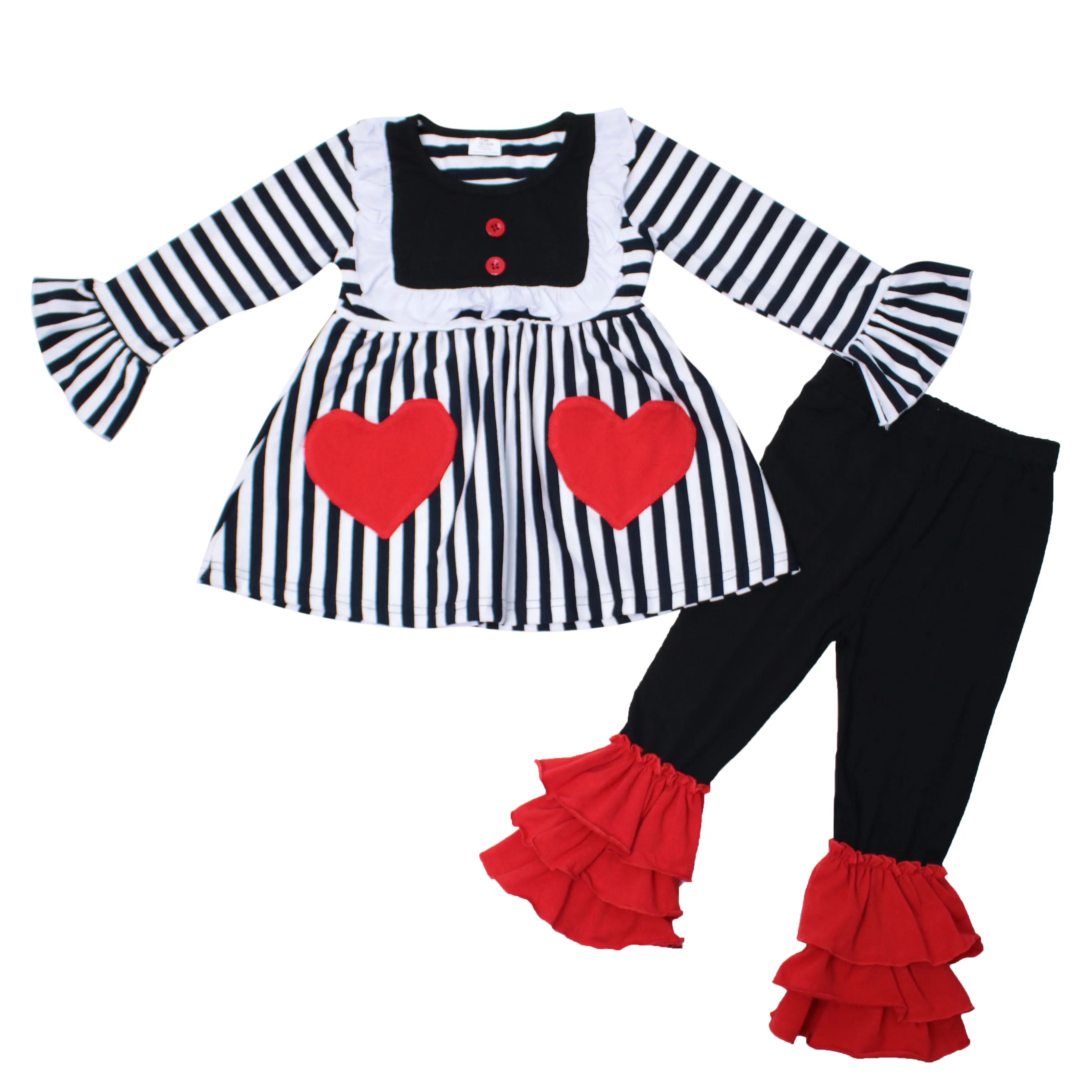 

Hot Sale Strip Kids Outfit Ruffle Long Sleeve Children Clothing Milk Silk Boutique Girls Outfits, Picture