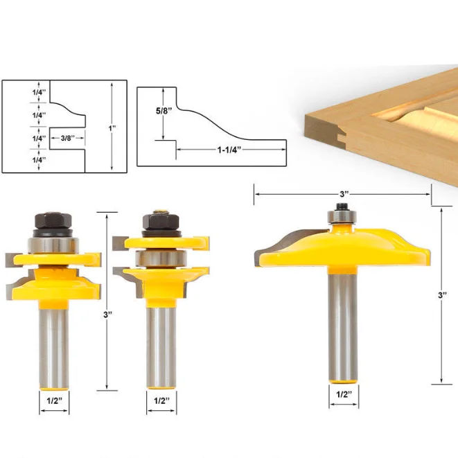 L-N003 1# 3 Bits Raised Panel Cabinet Door Router Bit Set - 3 Bit Cove 1/2" Shank Woodworking Tools