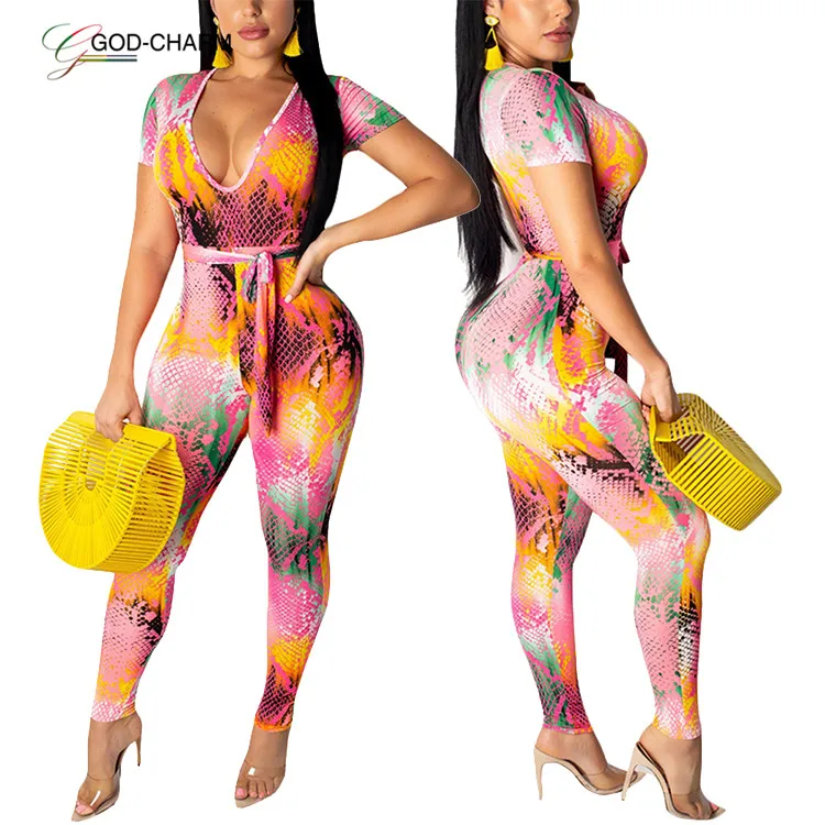 

*GC-86970734 2022 new arrivals WholesaleSuper Faddish Deep Good quality Bestsale Plunging Waist Tie Snake Sexy Women Jumpsuit