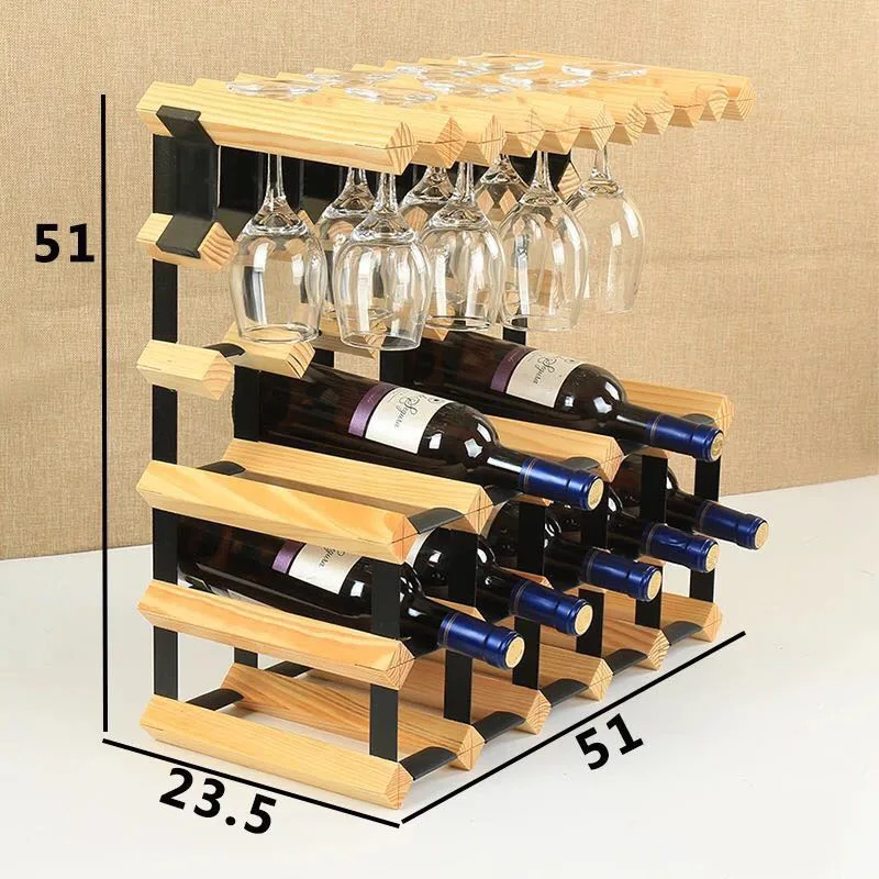 

High Quality Wooden Wine Display Rack Rustic Wood Rack With Metal Iron Wooden Hanging Wine Glasses Rack For Red Wine Store, Red or yellow